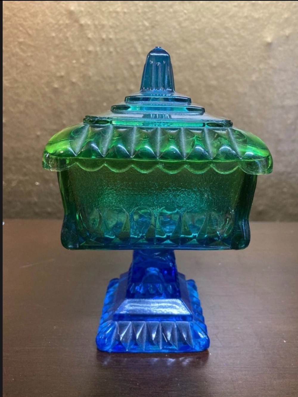 Jeannette Green Blue Flash Glass Wedding Box Compote Candy Dish Set w/Lid